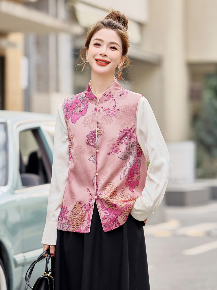 新中式马甲女春秋新款时尚洋气坎肩提花刺绣马夹衬衣两件套潮,女装套装/套裙,微微衣阁