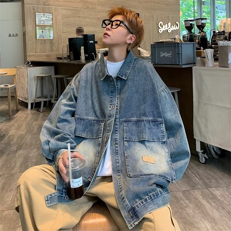复古翻领水洗做旧牛仔夹克男休闲大口袋落肩外套潮牌百搭上衣服,男装夹克,星座601-2