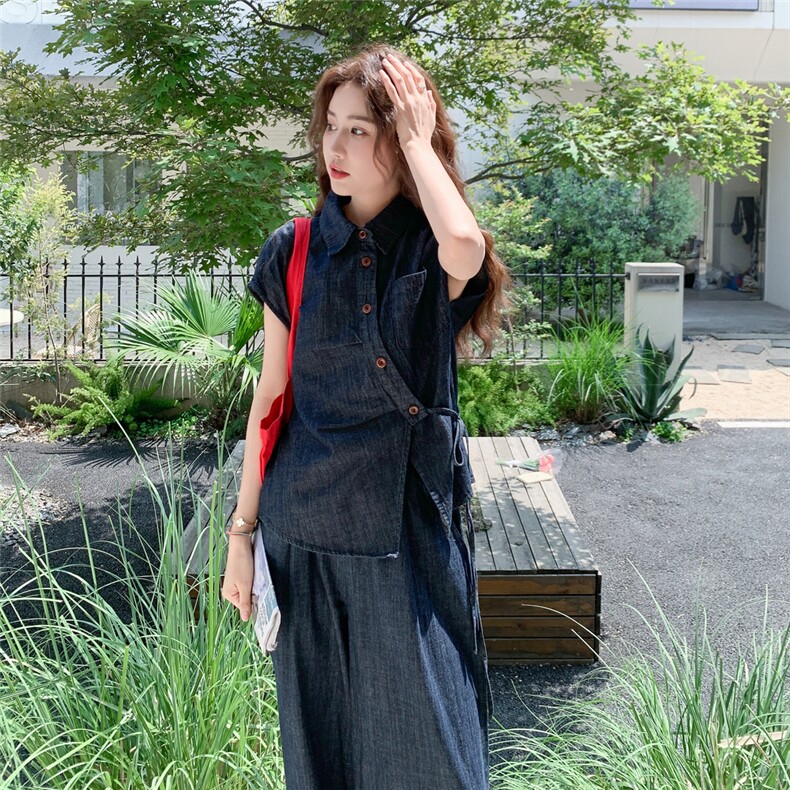 蓝色牛仔开衫阔腿裤两件套女2025年夏季新款时尚独特绝美高腰套装,女装套装/套裙,2C090