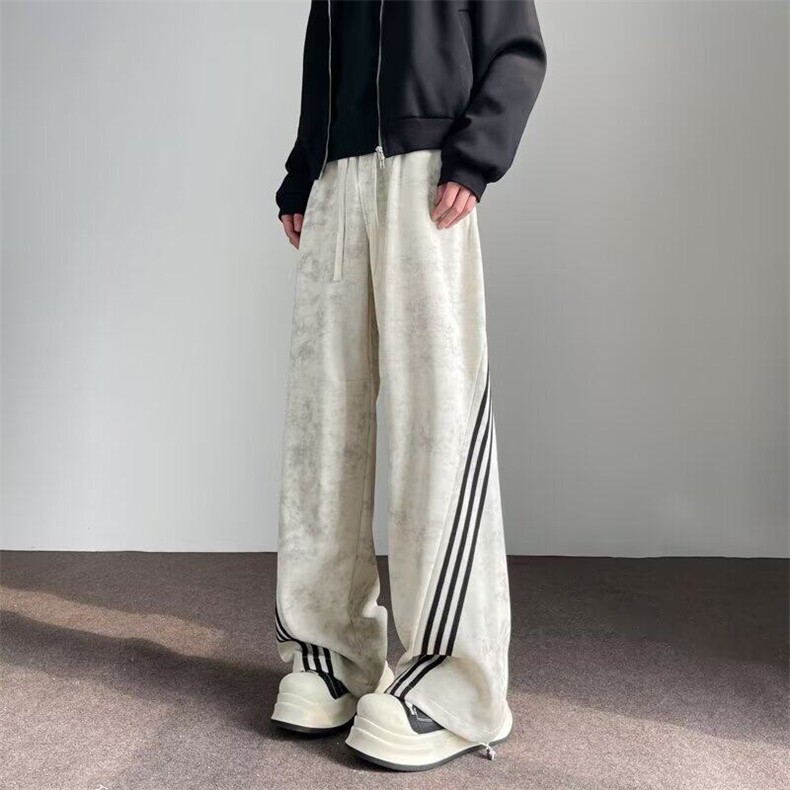 刺绣拼接杠条阔腿裤男女同款秋慵懒系带高腰休闲工装长裤KM979,男装休闲裤,星座1116A-1（原606A）