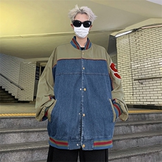 秋款男棒球立领夹克条纹牛仔拼色字母毛巾绣外套JK8527P75，男装夹克，星座1013-1