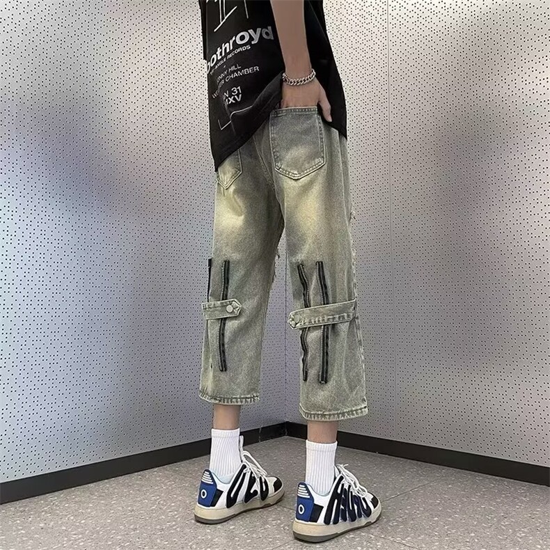 破洞牛仔裤男夏季美式高街vibe裤子潮牌嘻哈七分裤青少年休闲短裤,男装牛仔裤,星座410-6（原星座1304-1）