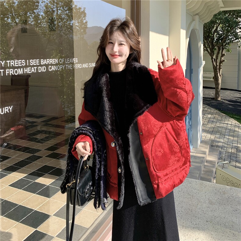 红色羊羔毛领派克羽绒服女2025冬季新款时尚皮毛一体加厚保暖外套,女装羽绒服,2C159