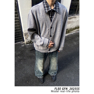 韩系假两件新款潮流拼接衬衫外套男女春秋日系开衫针织懒惰风毛衣图片