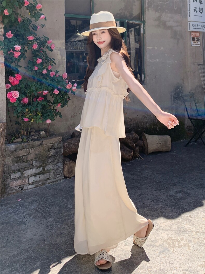 超仙时尚雪纺无袖木耳边套装女2026夏新款半透减龄阔腿裙裤两件套,女装套装/套裙,衣秀之家