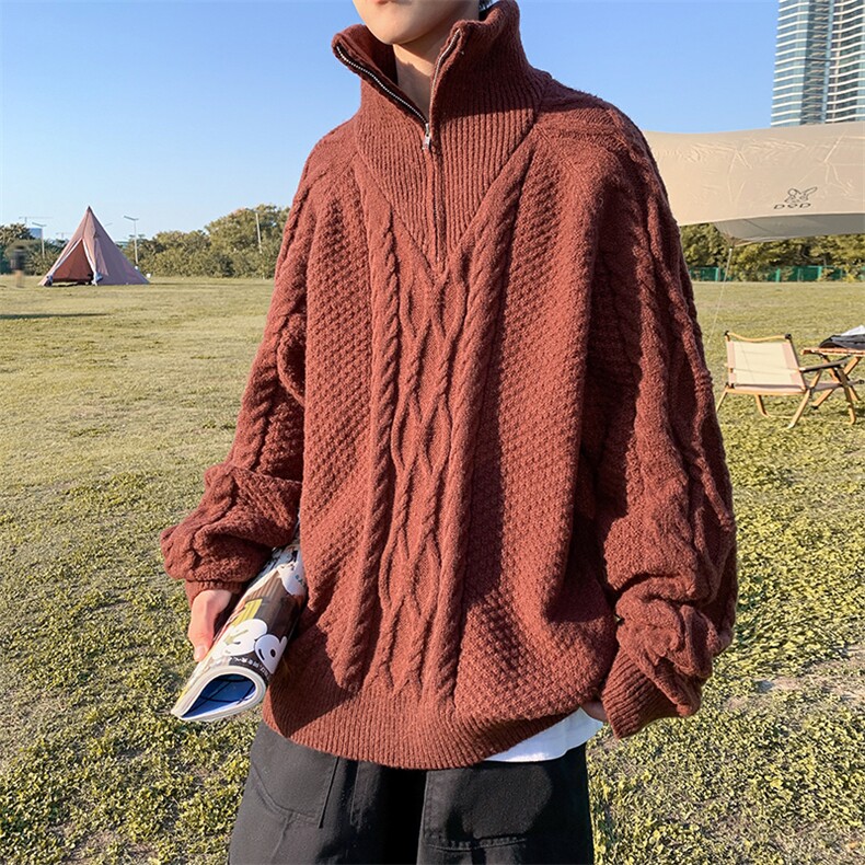 秋冬宽松慵懒针织衫高领麻花毛衣男ins潮流半拉链线衣 M1117-P55图片