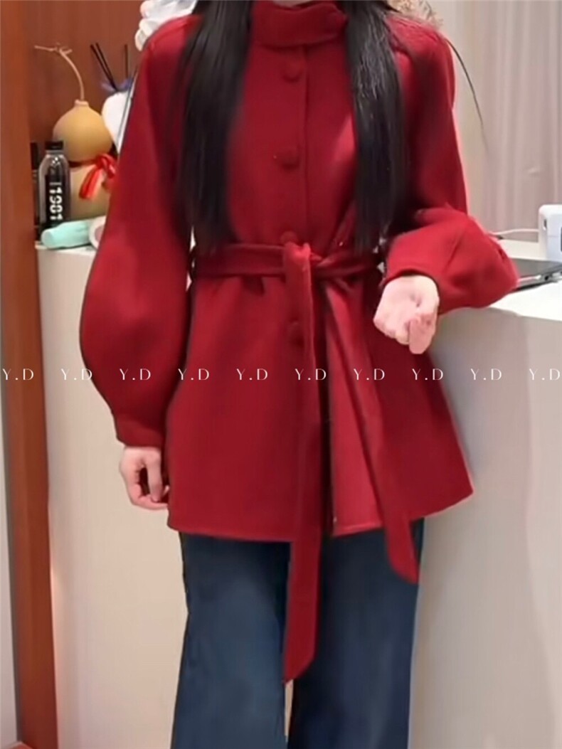 原价324.99!【依嘟】2025新款冬系带喜庆气质红色收，女装双面呢大衣，依嘟服饰