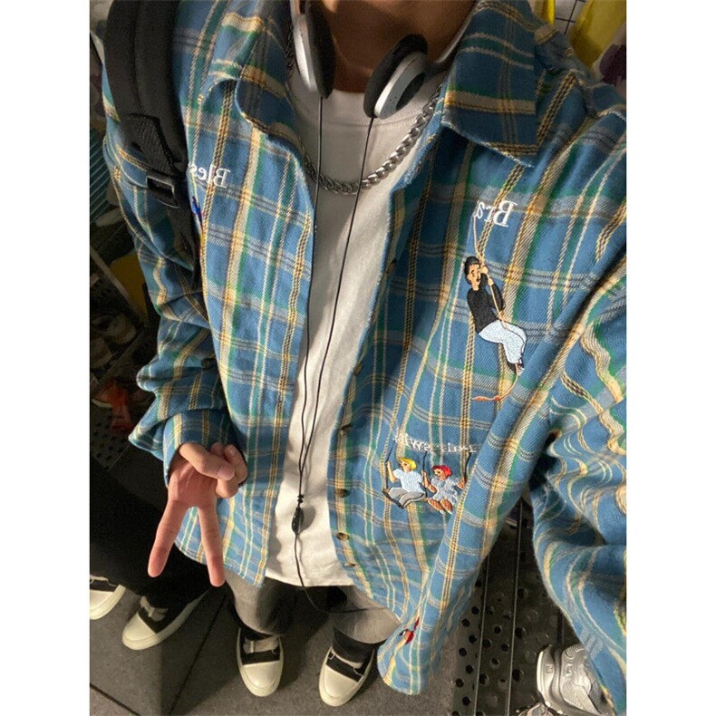 【有货】C38CC-特P38刺绣格子衬衫男长袖设计感高级休闲衬衣,男装衬衫,星座1007（原301D）