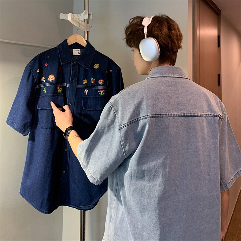 潮牌复古水洗做旧牛仔短袖衬衫男女夏卡通宽松翻领上衣CS0610-P53,男装衬衫,星座308B-2