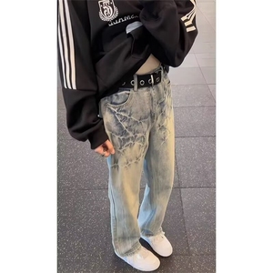 美式复古闪电裂纹牛仔裤男潮牌痞帅男款显瘦直筒裤子NK7088