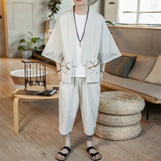 A611P75咖啡厅亚麻风宽松百搭时尚仙鹤绣花七分汉服套装，男装T恤，电商A026