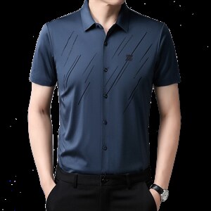 夏季薄款短袖衬衫男弹力冰丝衬衫抗皱免烫男士中袖衬衣凉感衬衫图片