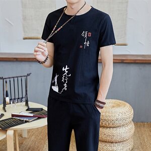 男士短袖棉麻套装男韩版休闲风刺绣夏季两件套唐装TZ023图片