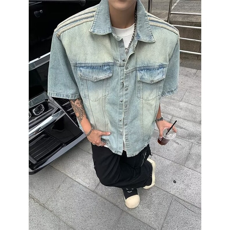 牛仔衬衫男短袖帅气百搭宽松2024秋夏新款ins痞子外套CY879-P61,男装衬衫,星座412-3