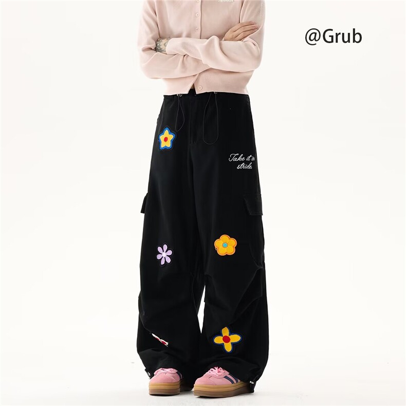 大码原创设计感彩色花朵刺绣工装裤女2025夏街头重工多口袋阔腿裤图片