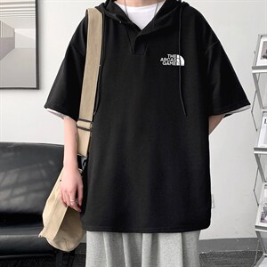 LD54232-P45连帽短袖t恤男大码胖子带帽五分袖中袖大皂风