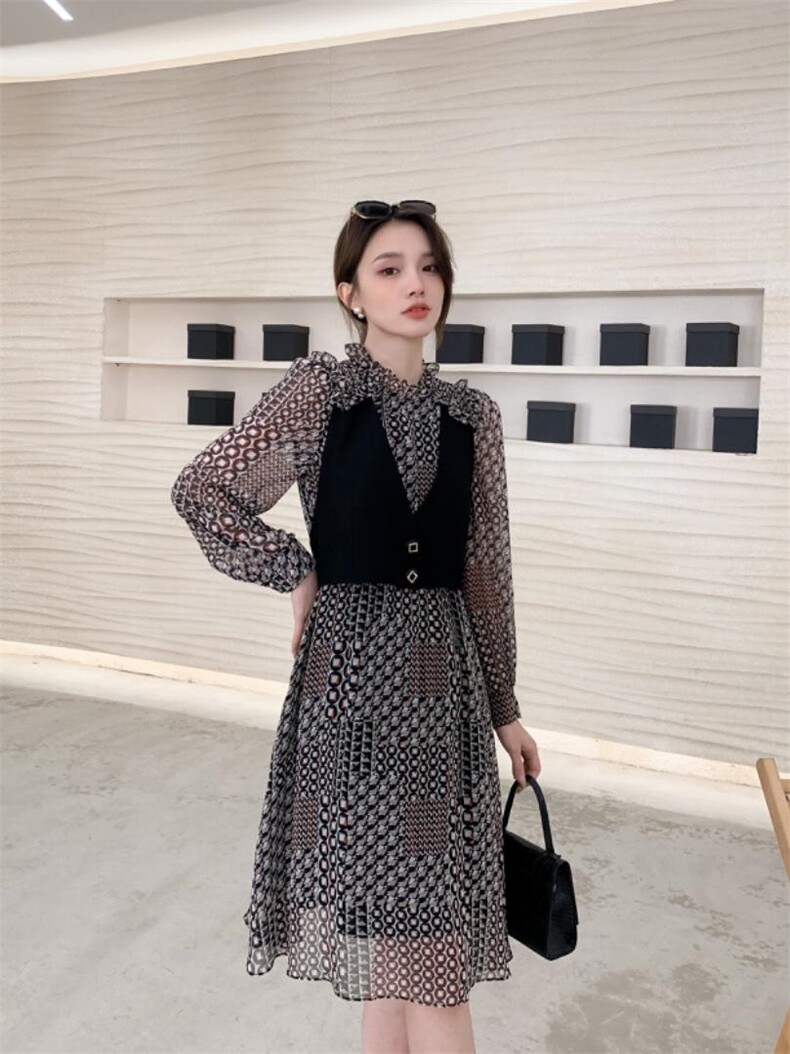 2022早春新款假两件套马甲雪纺连衣裙,女装马甲,衣佳佰分(1F)