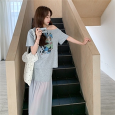 韩系2025夏季新款女时尚洋气圆领收腰显瘦上衣+松紧腰半身裙套装，女装连衣裙，2C323