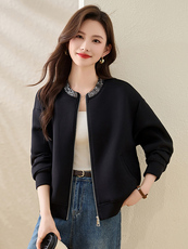 休闲珠片绣黑色外套女春季欧洲站大码上衣2025年新款时尚女装，女装短外套，美沁
