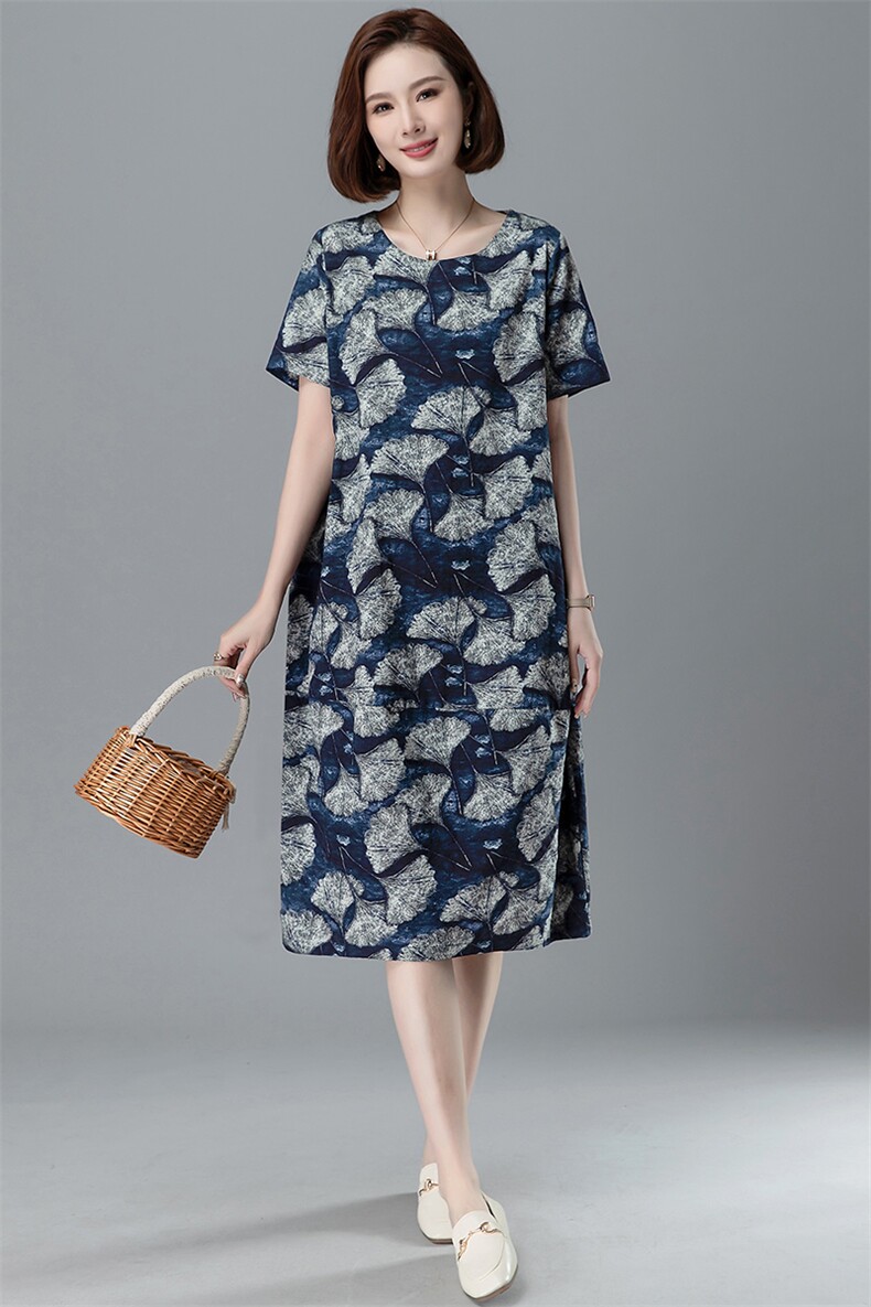 树叶花短袖夏女连衣裙2023年新款宽松休闲复古印花妈妈中长款裙子,女装连衣裙,阿丹