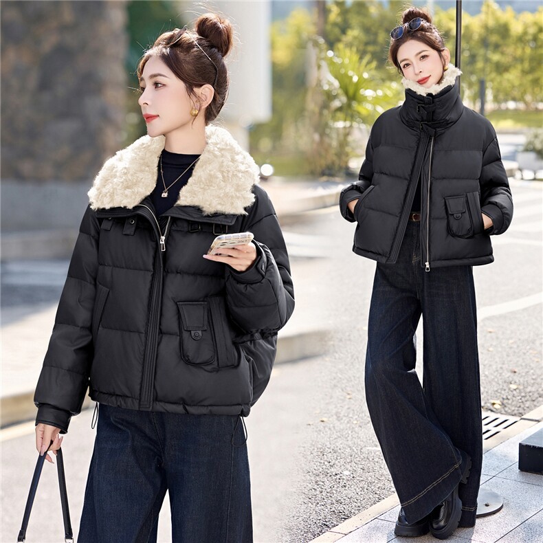 蛋白皮羽绒服女短款2025冬季加厚毛领宽松显瘦pu皮衣短外套百搭女,女装羽绒服,意芙