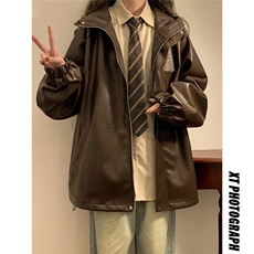 中性连帽鳄鱼纹PU皮衣大码情侣休闲冲锋衣夹克男JK8744P90控128，女装短外套，星座226-1