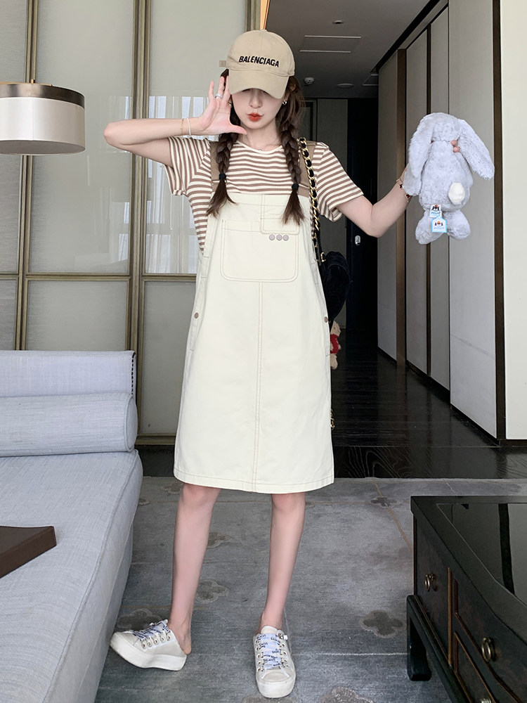 2025夏季新款可盐可甜条纹背带裙两件套装女学院风显瘦减龄连衣裙,女装套装/套裙,浙宝285（原212）