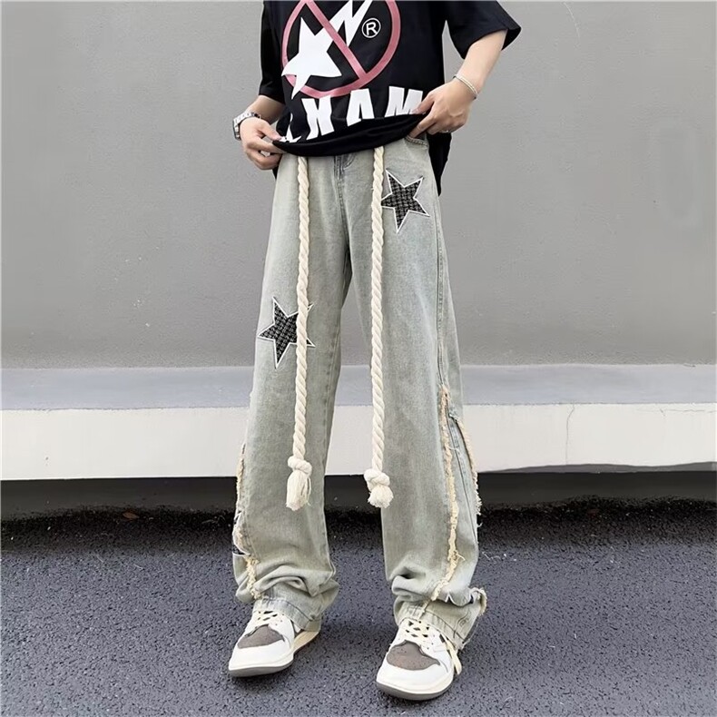 美式vibe裤子高街水洗牛仔裤男设计感小众拉链裤T1641P50，男装牛仔裤，星座1116-2