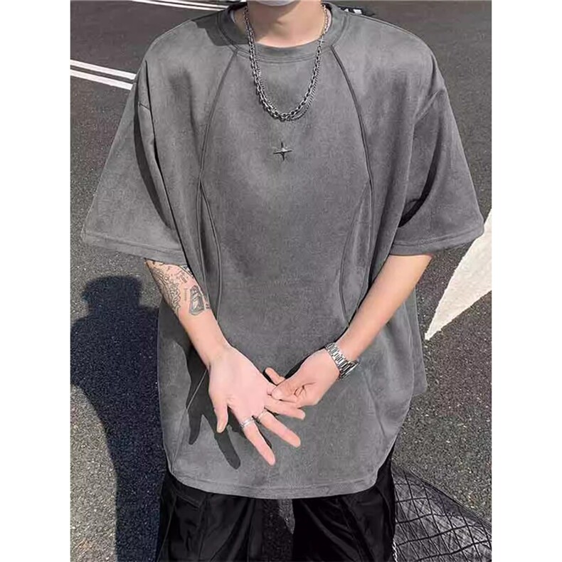 美式重磅麝皮绒短袖t恤男款夏季潮流宽松半袖体恤设计感情侣上衣,男装T恤,星座1210-1