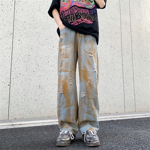 做旧设计牛仔裤高腰显瘦2024年休闲宽松阔腿裤男女裤子NZ1353-P50图片