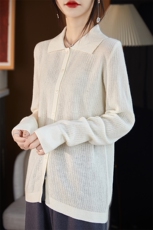 翻领单排扣纯色针织羊毛开衫女2024秋新款修身显瘦长袖短款，女装羊毛衫，斯尔特羊绒