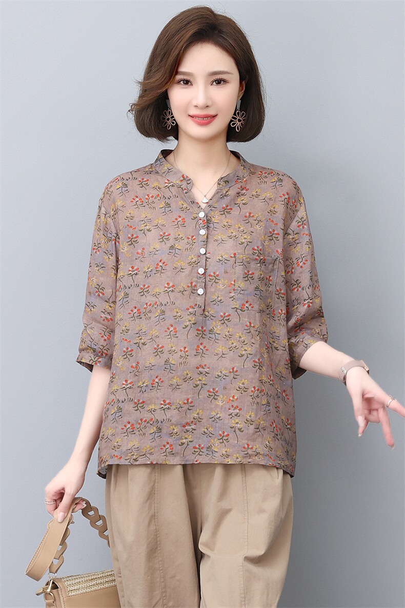 苎麻上衣女夏季2024年新款大码宽松中年妈妈薄款中袖印花休闲衬衫,女装T恤,忆绮罗