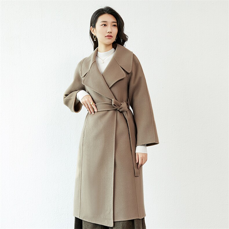 羊毛双面大衣女秋冬中长款系带显瘦外套,女装毛呢外套,高哲羊绒