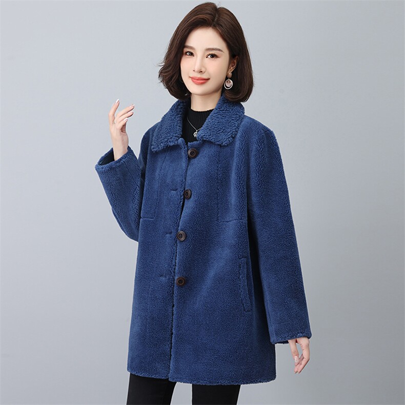 加厚外套女中长款2023秋冬新款时尚翻领单排扣仿皮毛大衣,女装大码女装,奕阳依阁