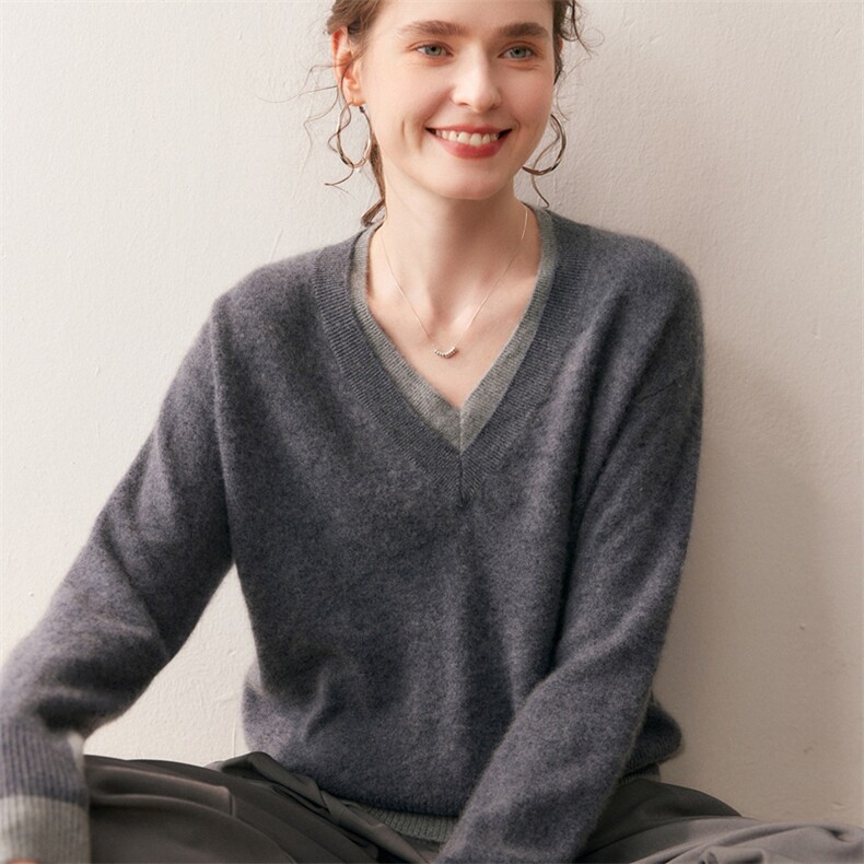 轻奢宽松~假两件山羊绒衫女慵懒风V领毛衣2025秋冬新款针织羊毛衫,针织衫/毛衣,朵沐纯羊绒