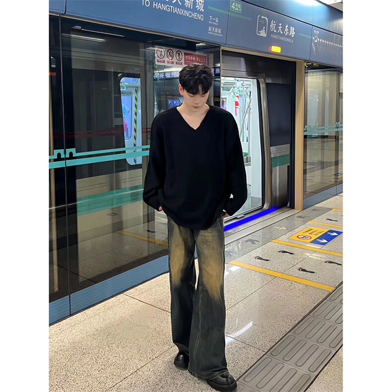 美式ins高街hiphop微喇重工艺水洗复古蓝牛仔裤货号K2322-1P60,男装牛仔裤,电商A063