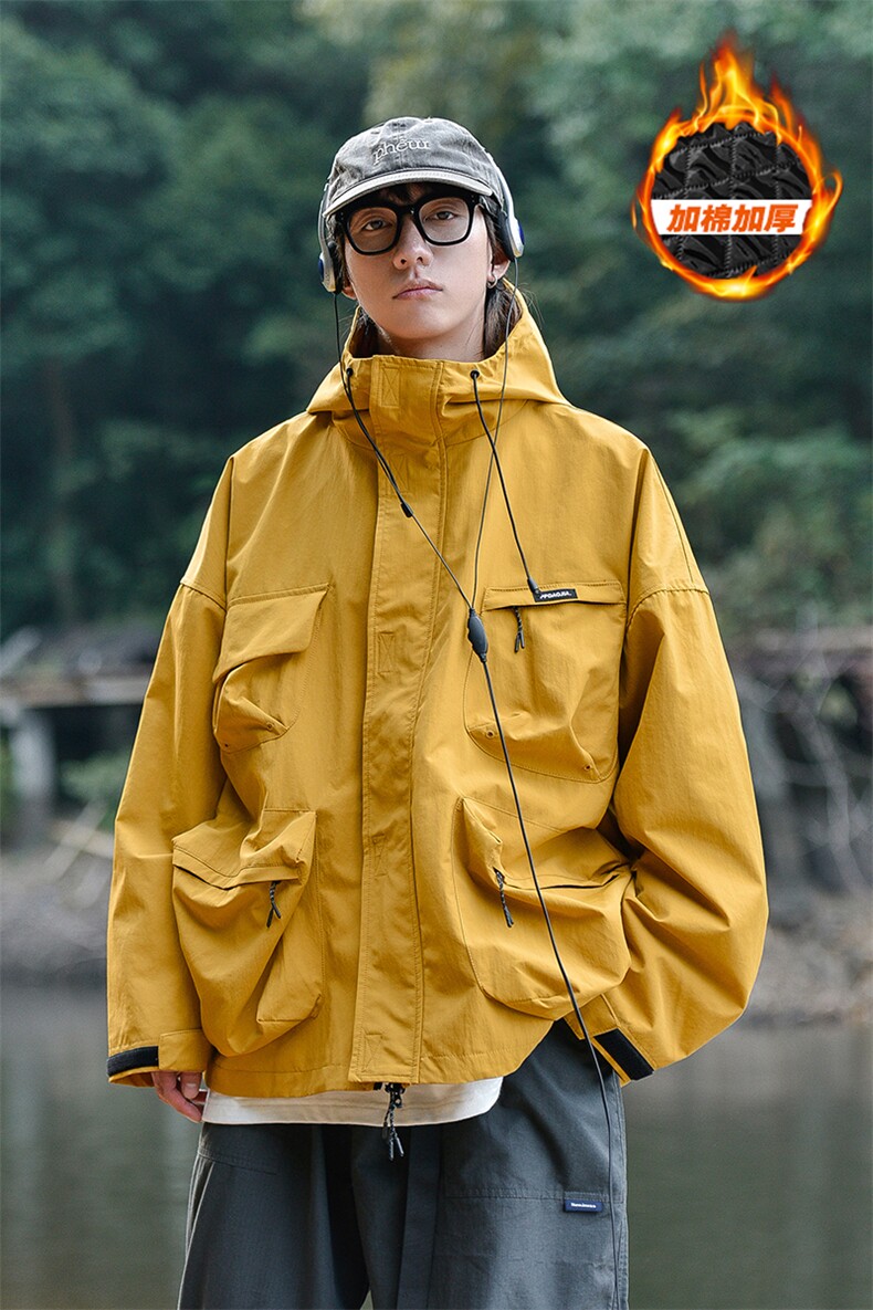 多口袋防水防风连帽加棉加厚日系冲锋棉衣外套J29J加棉-P125控168,男装棉衣,电商A001