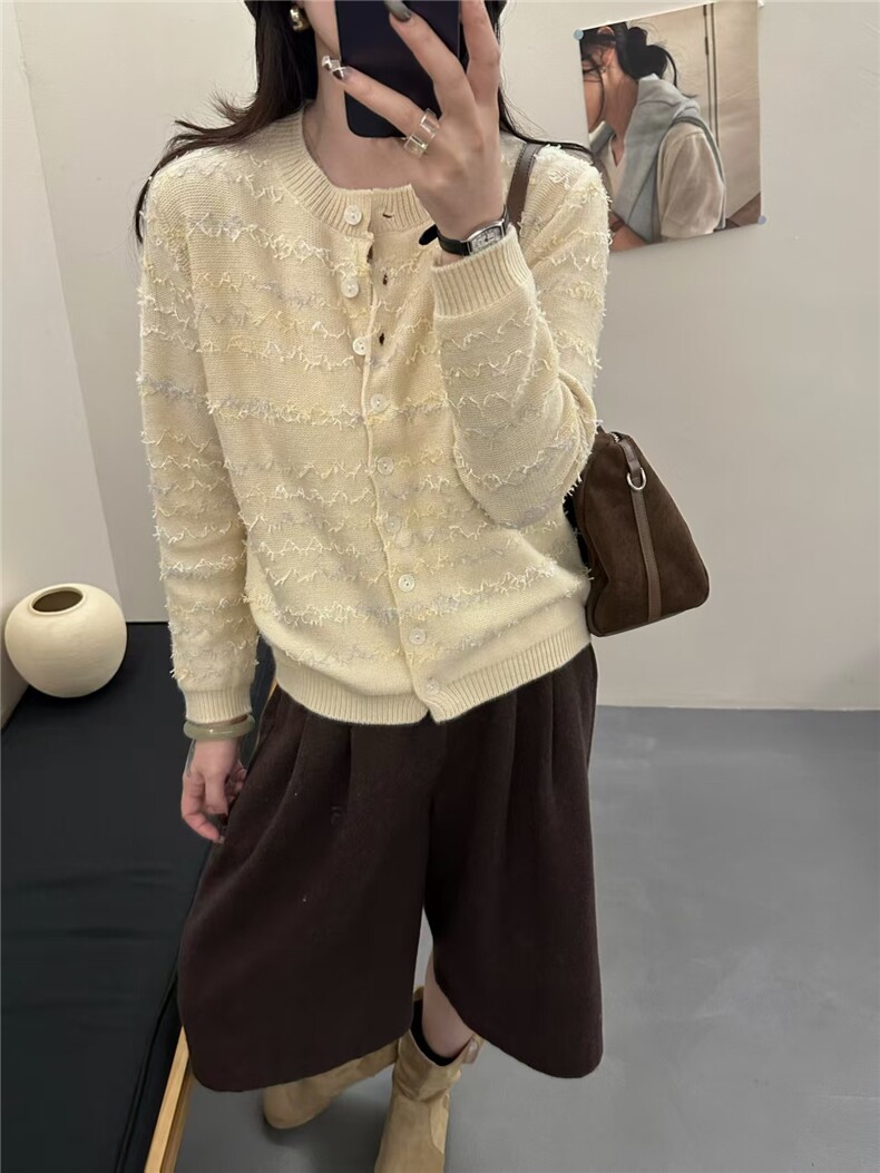 2025年秋季通勤时尚百搭条纹简约休闲加厚开衫，女装针织衫/毛衣，源达羊绒