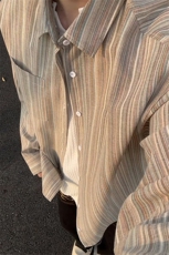美式复古条纹长袖衬衫男宽松日常百搭休闲翻领外套C2272-特价P37，男装衬衫，电商A007