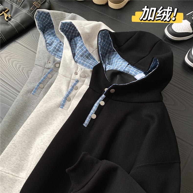 D309B-CC31-P55加绒加厚内里格子纽扣连帽卫衣常规P55加绒60,男装卫衣,电商D309B