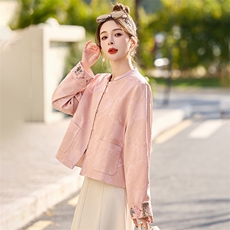 小香风粉色新中式短外套女2026春秋新款复古刺绣宋锦唐装上衣，女装短外套，依如秀(原杭风阁)