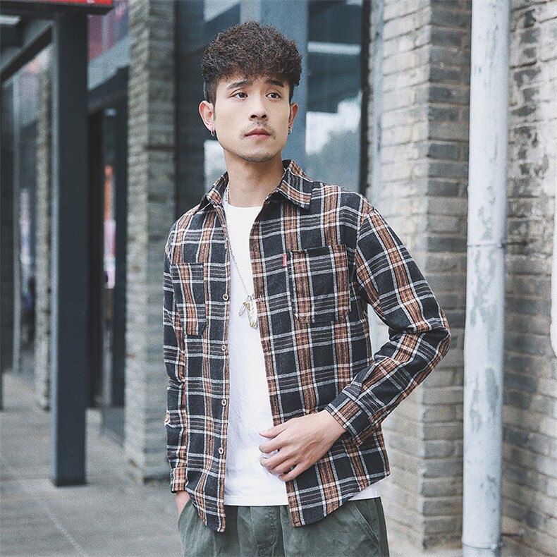 2021外景日系春季新大码男休闲翻领格子宽松纽扣衬衫C501-P45,男装衬衫,电商A001