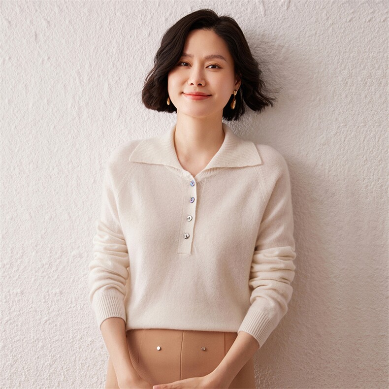 2024秋季新款翻领长袖时尚纯色女士套头35%羊绒衫通勤百搭,女装羊绒衫,雪真羊绒高端店