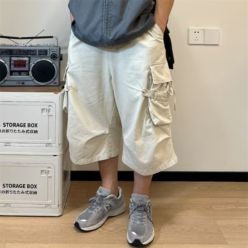 夏季日系复古水洗棉多口袋工装七分裤男女纯色宽松直筒过膝短裤潮,男装牛仔裤,星座506A