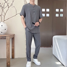 中式褶皱盘扣运动休闲套装男士舒适轻薄透气短袖T恤两件套TZ400，男装T恤，星座305A（原312A-1）