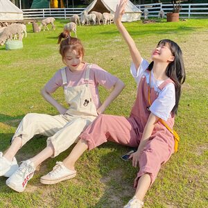 甜美粉色工装背带裤套装女春夏2025新款小个子韩版宽松休闲直筒裤图片
