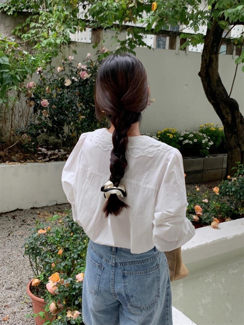 甜美双层花边娃娃领衬衫，女装衬衫，DAP