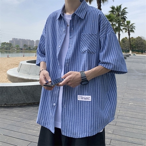 现货 夏季日系短袖衬衫韩版ins条纹宽松工装翻领外套 W3157-P30图片
