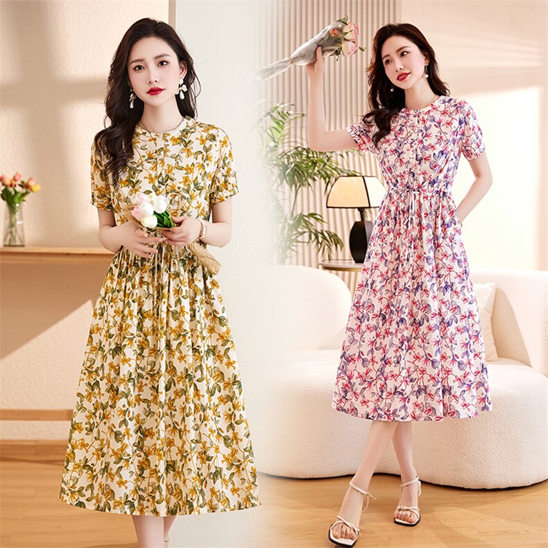 高级感纯棉印花连衣裙女2026新款夏季短袖收腰显瘦气质碎花长裙子，女装连衣裙，倪叶myz
