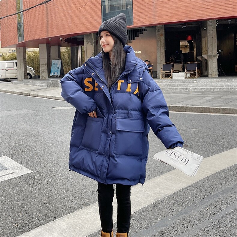 蓝色羽绒棉服女冬季2025新款宽松中长款加厚面包服小个子棉袄外套,女装棉衣/棉服,2C201